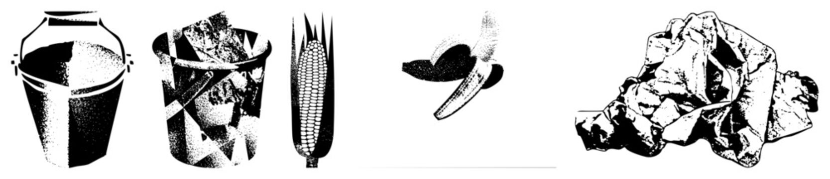 Bucket, trash can, corn cob, banana, crumpled paper simple, isolated foreground, halftone texture, minimalist design.