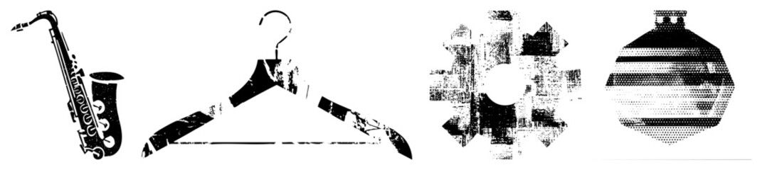 Fototapeta premium Black and white vector saxophone, hanger, gear, ornament, graphic symbols, stylized objects, distressed textures, design.