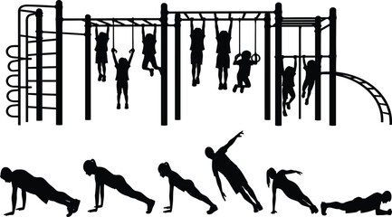 Silhouette children playing on playground with monkey bars, ladders, rings, plus adult workout exercise poses, showing fitness, activity, lifestyle, and health themes © Horgobinda