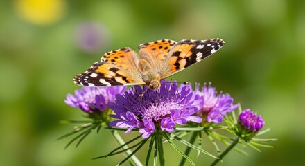 A vibrant orange butterfly with black and white spots is perched on a cluster of purple flowers, surrounded by green foliage and a blurred background of yellow flowers.