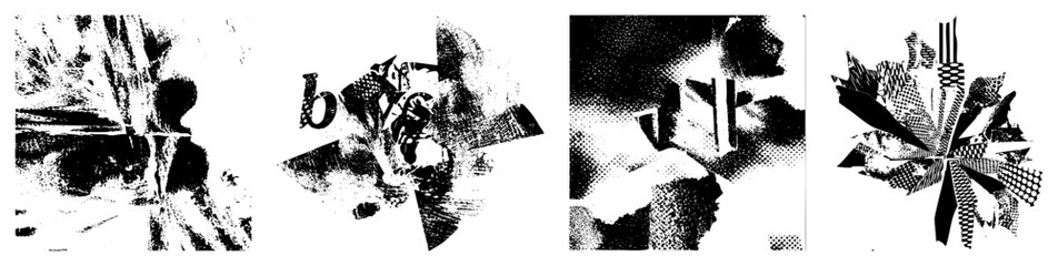 Obraz premium Geometric with halftone textures, fragmented graphic design, vector art pieces, digital abstraction, bold black and white compositions, isolated shapes, stylized forms.