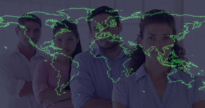 Team of four standing, neon map flashing over faces and data points, spurring smiles for business