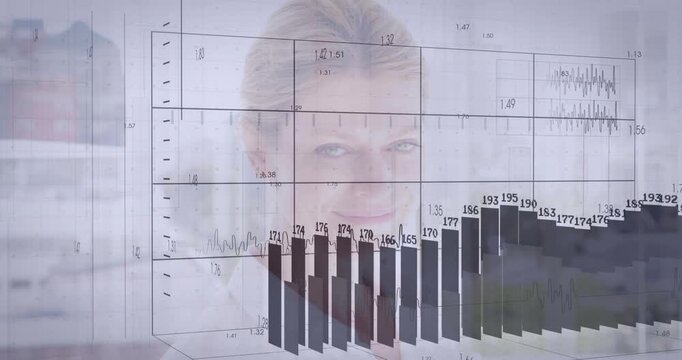Mature woman standing, feed starting 3D grid over portrait and bars peaking then shrinking for data