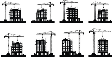 Construction site silhouettes set featuring tower cranes building high rise apartments, urban development project with heavy lifting machinery and industrial architectural structures. © MdAbdur