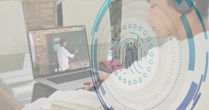 Studying teenager wearing white top headset taking notes while teacher drawing at home, with laptop
