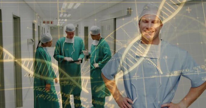 Animated DNA helix appearing, causing surgeon stepping forward, team checking tablet showing genes