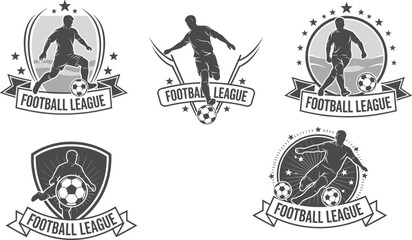 Football league logo set featuring soccer player silhouettes with balls, star emblems, champion ribbons, and athletic shield designs for sports tournament branding. © MdAbdur