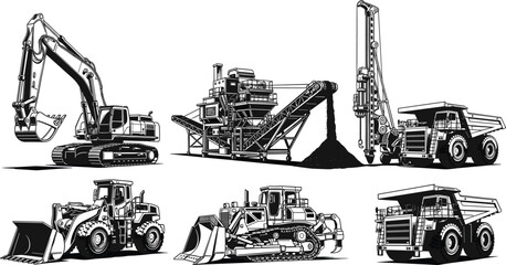 Heavy machinery collection featuring excavator, bulldozer, wheel loader, dump truck, drilling rig, and crushing plant for mining and construction site industrial projects. © MdAbdur