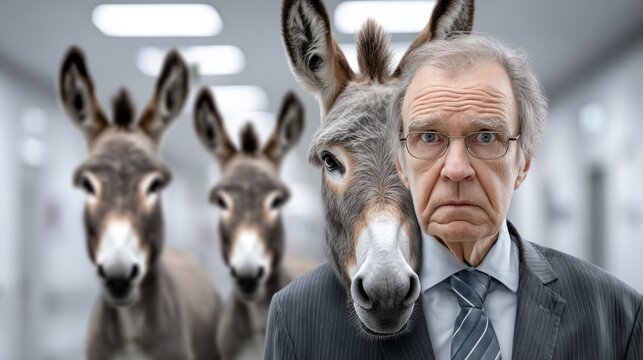 In a modern office, a businessman looks confused among curious donkeys, mixing seriousness with absurdity