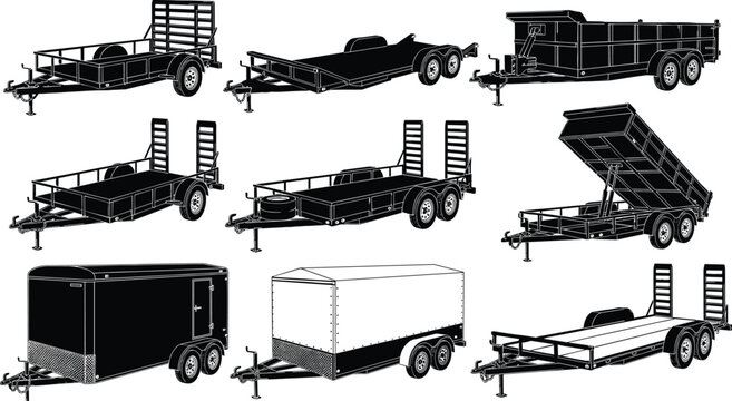 Utility trailer silhouettes set featuring flatbed haulers, enclosed cargo trailers, dump trailers, equipment haulers with ramps, and transport vehicle icons for logistics.