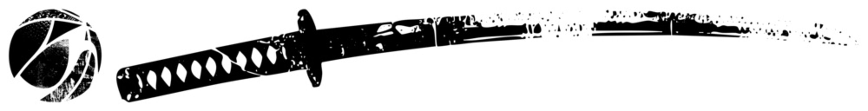 Katana style sword with weathered finish, paired with abstract geometric orb, vector art, isolated graphic, combat weapon, traditional martial.