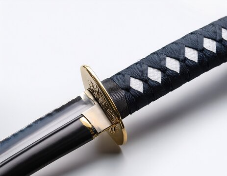 sharpened japanese katana with detailed hilt and scabbard on white background