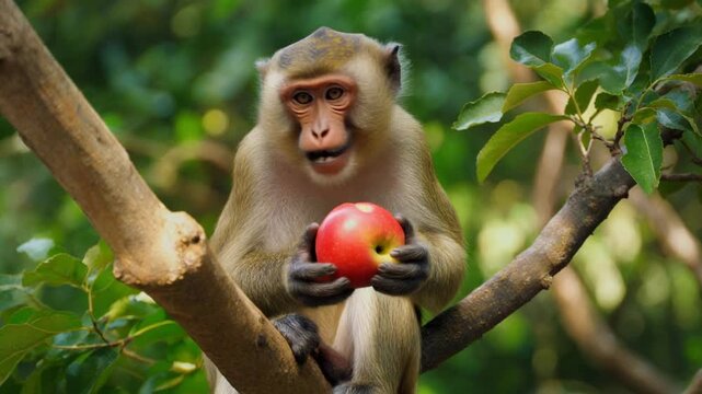 Baby macaque sitting on a tree branch in the jungle with its mother