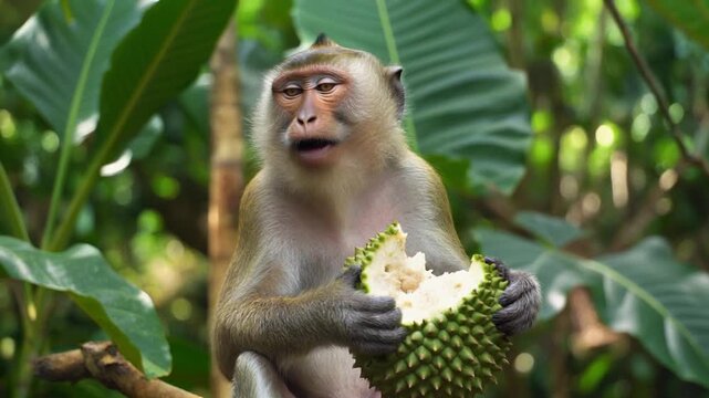 Baby macaque sitting in the jungle with its mother