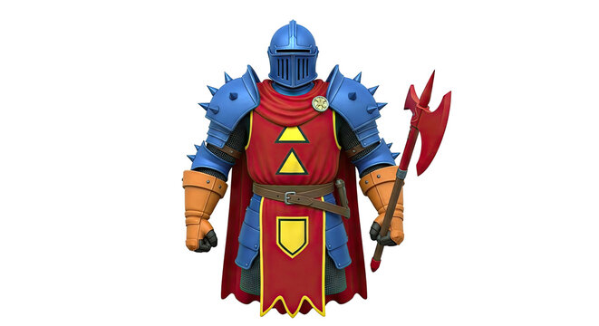 Knight in Blue Armor with Red Cape and Axe