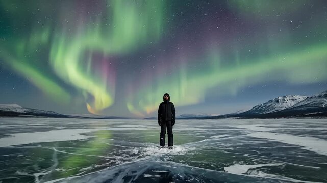 Man Standing Underneath Majestic Aurora Borealis In Icy Landscape