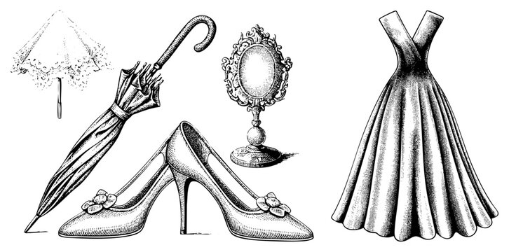 Elegant high heels with adornments, ornate hand mirror, lace parasol, and flared gown classic feminine accessories rendered in detailed halftone engraving.