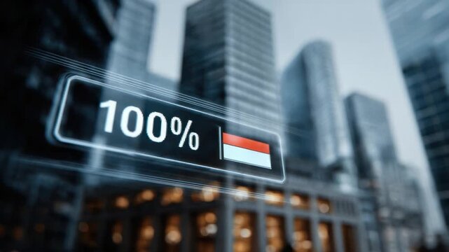 100% Progress in the Cityscape: A modern cityscape serves as a backdrop, complemented by a digital progress bar indicating a state of completion.