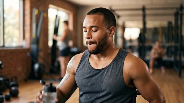 Determined Athletic Man in Wheelchair Hydrating with Water During Gym Workout Break, Inclusive Fitness and Recovery Concept