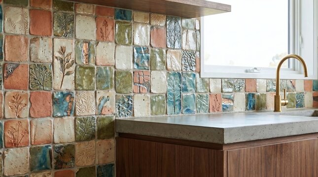 Modern rustic kitchen interior featuring artisanal botanical ceramic tile backsplash, concrete countertop, and a luxury gold brass faucet