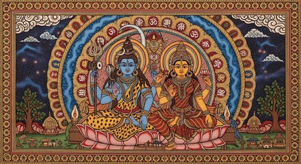 Obraz premium Intricate Traditional Painting of Shiva and Parvati in Cosmic Setting for Religious and Cultural Decor