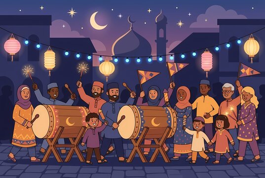 Traditional Night Festival Takbiran with Bedug Drum and Lanterns Illustration