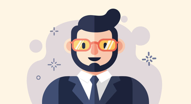 A stylized, flat illustration of a bearded man in a suit and tie with glasses
