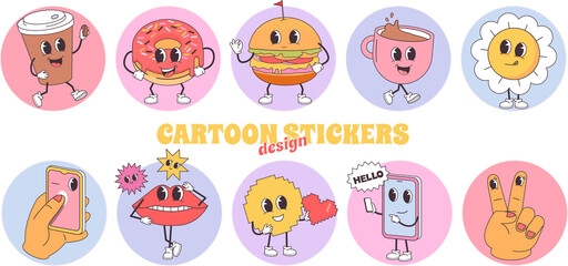 Fototapeta premium Funny cute retro cartoon food stickers design set