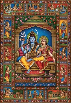 Colorful Traditional Painting of Shiva and Parvati with Surrounding Deities and Symbols in a Sacred Hindu Art Scene