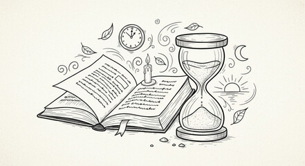 Open book with hourglass and candle symbolizing time and knowledge.