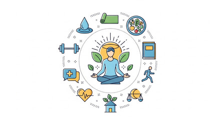 Person meditating surrounded by icons representing healthy lifestyle choices. © Di