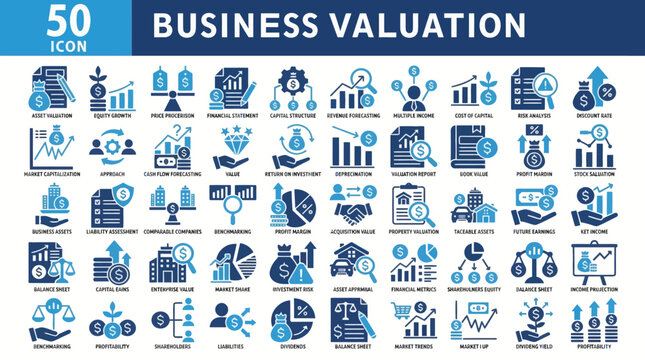 Business Valuation Icons Modern Flat Design Blue and White Vector Illustration Graphic Set for Financial Reports and Presentations