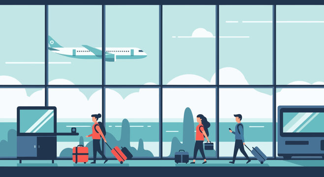 People walking with luggage at an airport terminal near a large window