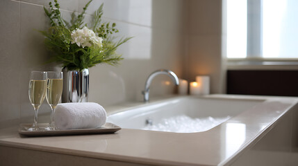 Romantic Bathroom Retreat with Bubble Bath, Champagne, and Floral Decor: A Soothing, Relaxing and Idyllic Setting for Relaxation and Luxury