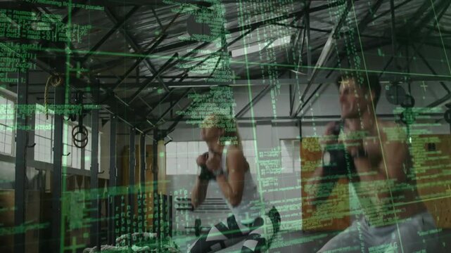 Training partners holding kettlebell doing goblet squats in fitness digital overlay guiding form