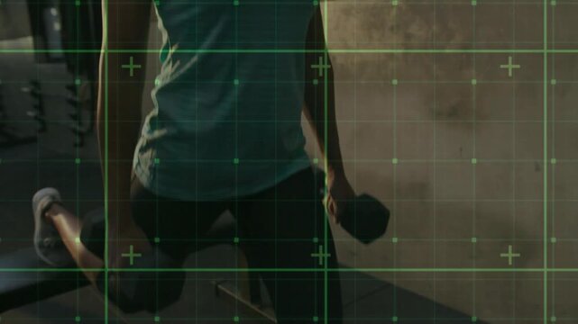 Athlete doing weighted bench lunges, driving leg for fitness, camera rising with green-grid overlay