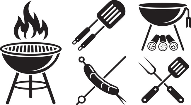 Black and white barbecue grill and utensils cooking spatula