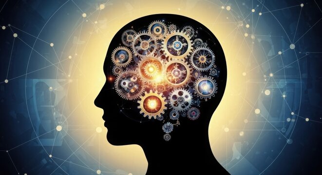 Intricate gears within a human head silhouette symbolizing thought