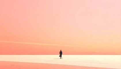 Fototapeta premium Silhouette of a person walking across a vast, pale horizon, orange sky