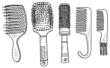 Set of combs. Vector sketch, hand drawn. Hair care brush. Hairdressing equipment. Styling. Line art graphic illustration. © Mari Bryk