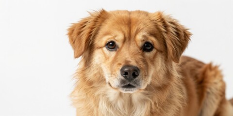 Obraz premium Golden brown dog features a soft furry coat. Domestic animal displays calm expression in studio lighting. Fluffy canine sits isolated on a white seamless surface.