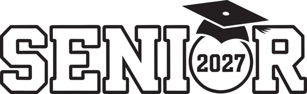 Black senior 2027 text with graduation cap and apple