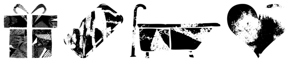 Obraz premium Four stylized rendered in black and white vector art, featuring halftone textures and fragmented shapes gift, bottle, bathtub, heart each with unique fills and distressed edges.