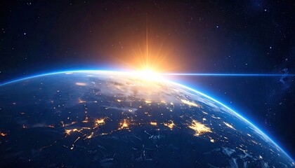 Obraz premium Earth from space with sun rising over the edge of the planet