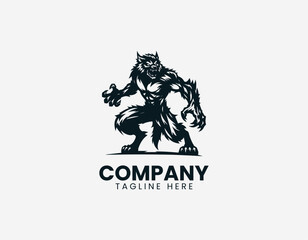 Fototapeta premium Muscular werewolf monster standing black vector logo illustration isolated on white background