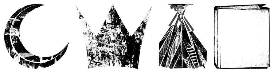 Obraz premium Stylized, crown, teepee, book all rendered in gritty halftone, vector art, isolated symbols, graphic design elements.