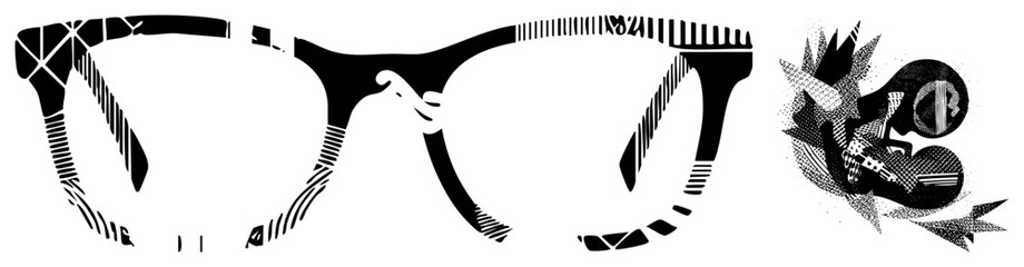 Obraz premium Modern eyewear with bold textures and halftone inspired mechanical motifs, vector illustration, graphic design element, isolated foreground.