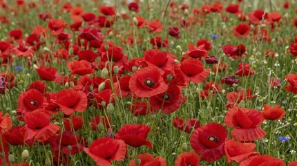 Obraz premium Close Packed Red Poppies Filling Entire Frame Wildflower Background