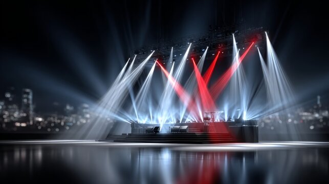 Stage setup with lights preparing for a concert in a large venue with city view