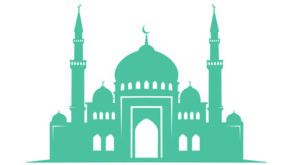 Teal silhouette illustration of a mosque with elegant domes and minarets on a white background © Aji